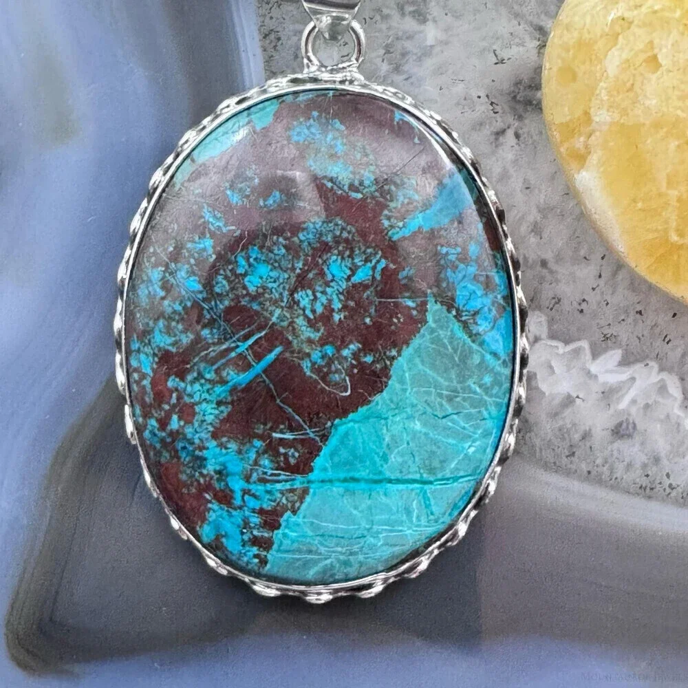 Sterling Silver Southwestern Style Large Oval Green Turquoise Pendant For Women - Picture 6 of 10